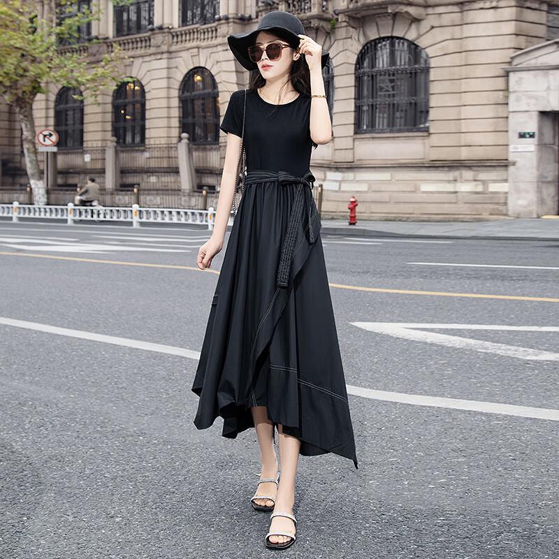 Sibaishe Women s Short Sleeve Patchwork Irregular Midi Dress L