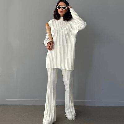 Womens 2 Piece Sweater Set High Neck Knit Long Sleeve Pullover Tops and Wide Leg Pants Lounge Matching Sets Fall Winter Outfits Sweatsuit for Women