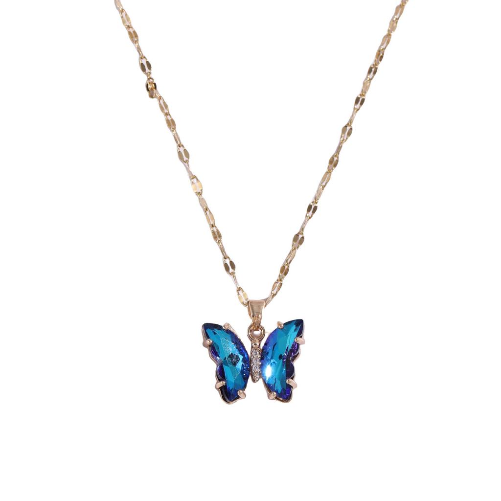 Iridescent Gradient Butterfly Necklace with Zirconia Rhinestones - Titanium Steel Clavicle Chain Pendant.