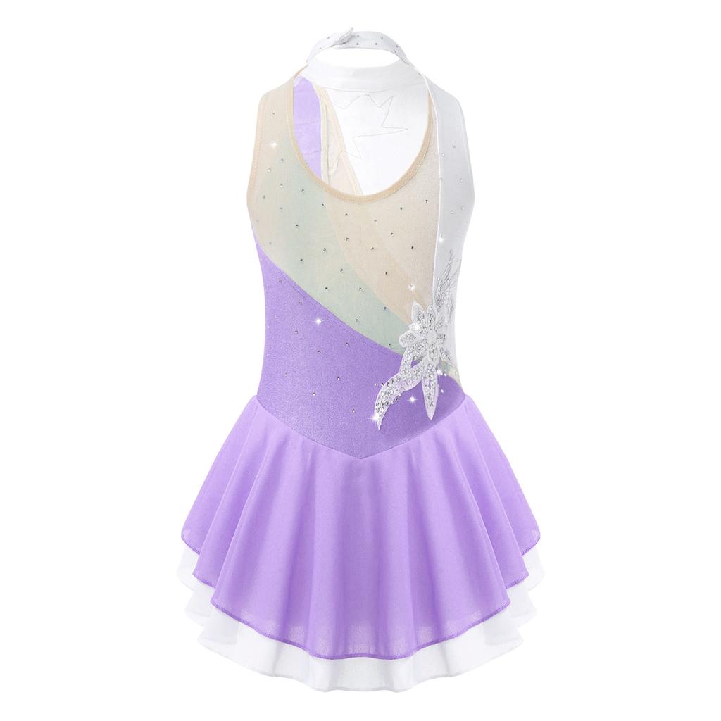 Girls Performance Dress Sleeveless Round Neck Shiny Sequins Floral Pattern Hollow Back Dance Wear