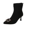 Fashion Suede Rear Zip Block Heel Single Boots Fall New Pointed Toe Rhinestone Square Buckle Non-Slip Wear-Resistant Short Shoe