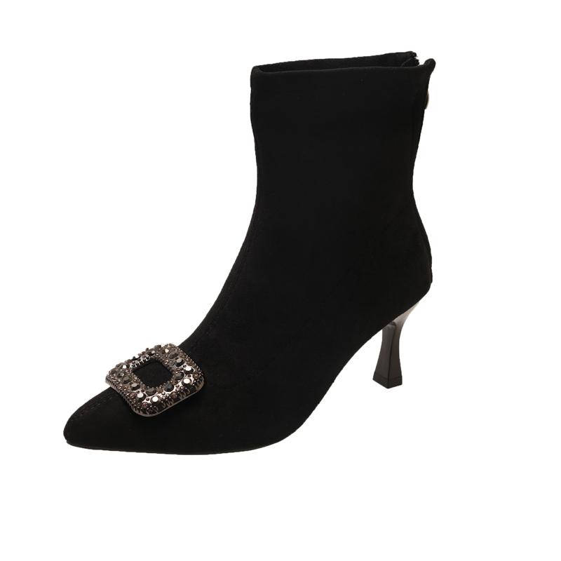 Fashion Suede Rear Zip Block Heel Single Boots Fall New Pointed Toe Rhinestone Square Buckle Non-Slip Wear-Resistant Short Shoe