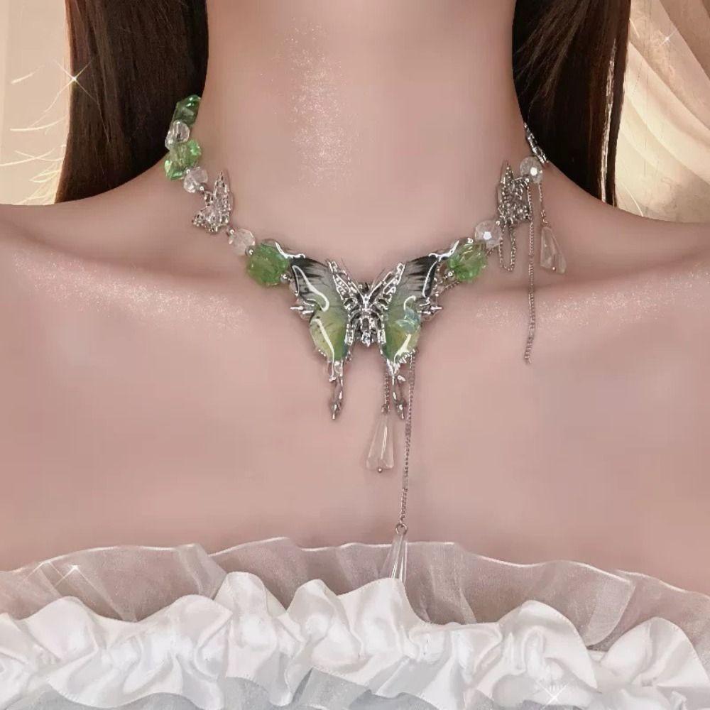 Sweet Rhinestone Butterfly Necklace Exaggerated Women's Choker Tassel Crystal Necklace  Party