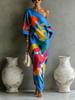 Women's One Shoulder Midi Dress Color Block Graffiti Print Three Quarter Sleeve Casual Street Style Long Dress