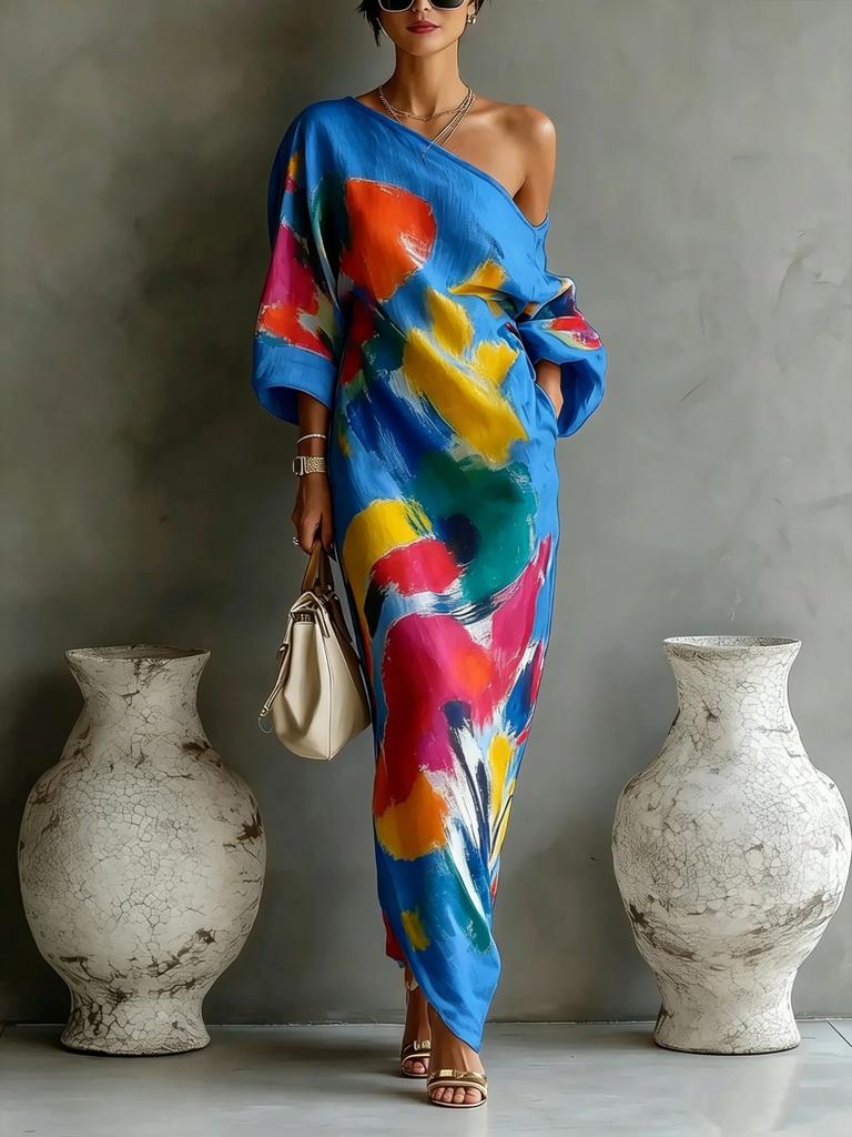 Women's One Shoulder Midi Dress Color Block Graffiti Print Three Quarter Sleeve Casual Street Style Long Dress