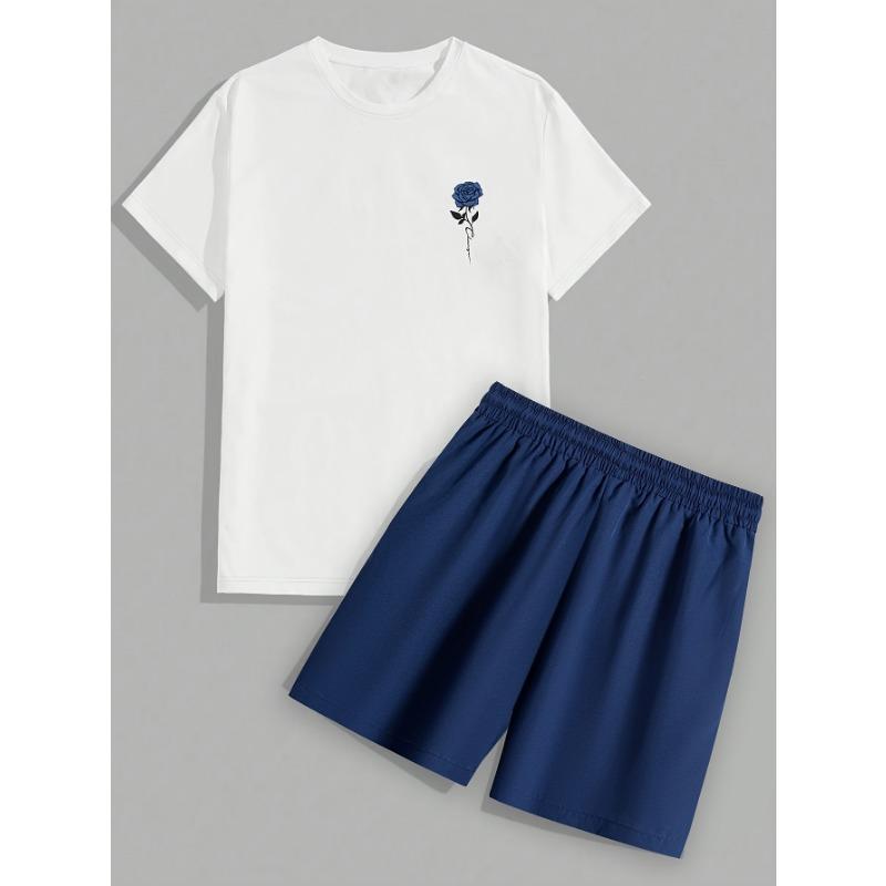 

Men s suit #Rose printed short-sleeved T-shirt + drawstring waist beach shorts two-piece set XL