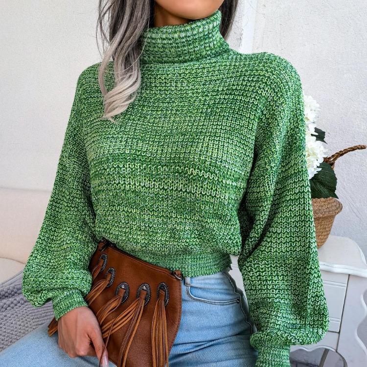Women Loose Knit Turtleneck Sweater Long Sleeve All Match Fall Winter Mixed Color Lantern S-L