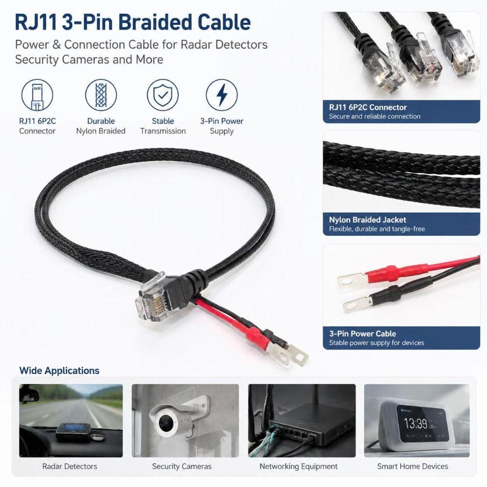 Braided Detector Hardwire Kit RJ11 Connector Detector Tap Cord Car Accessories