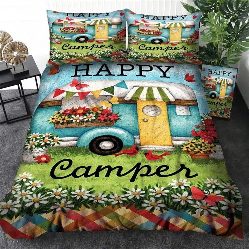 Camping Car Duvet Cover Travel Theme Bedding Set Cartoon Animal Camping Comforter Cover Full King For Teens Adult Camper Gifts