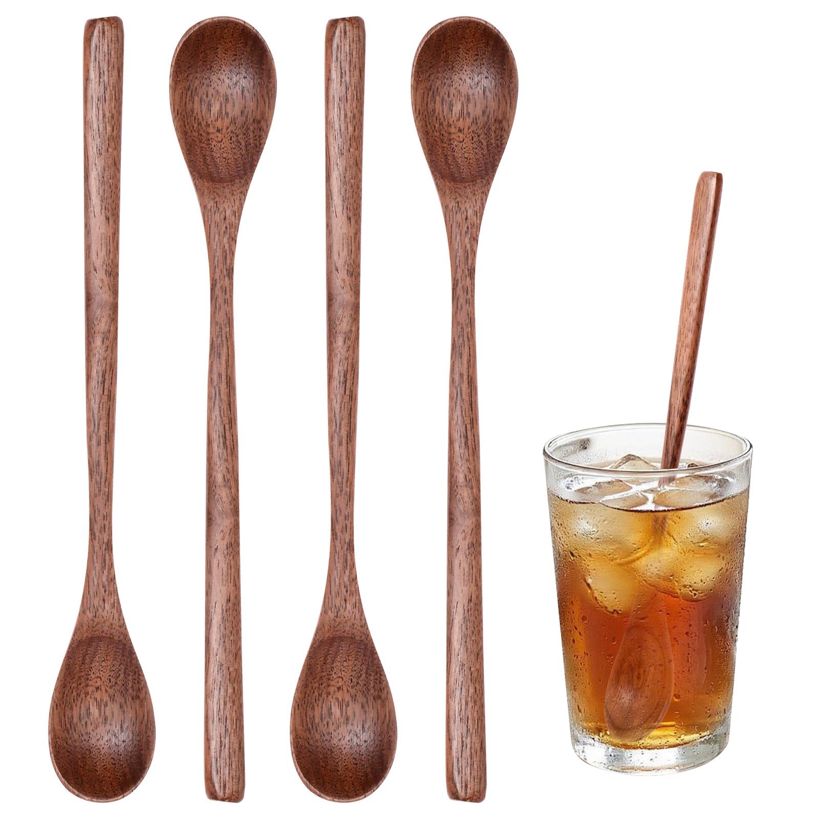

4pcs Long Wooden Spoon 7.8 Inch Wood Mixing Spoons for Espresso Tea Honey Long Handle Wood Spoon for Eating Stirring Kitchen Bar
