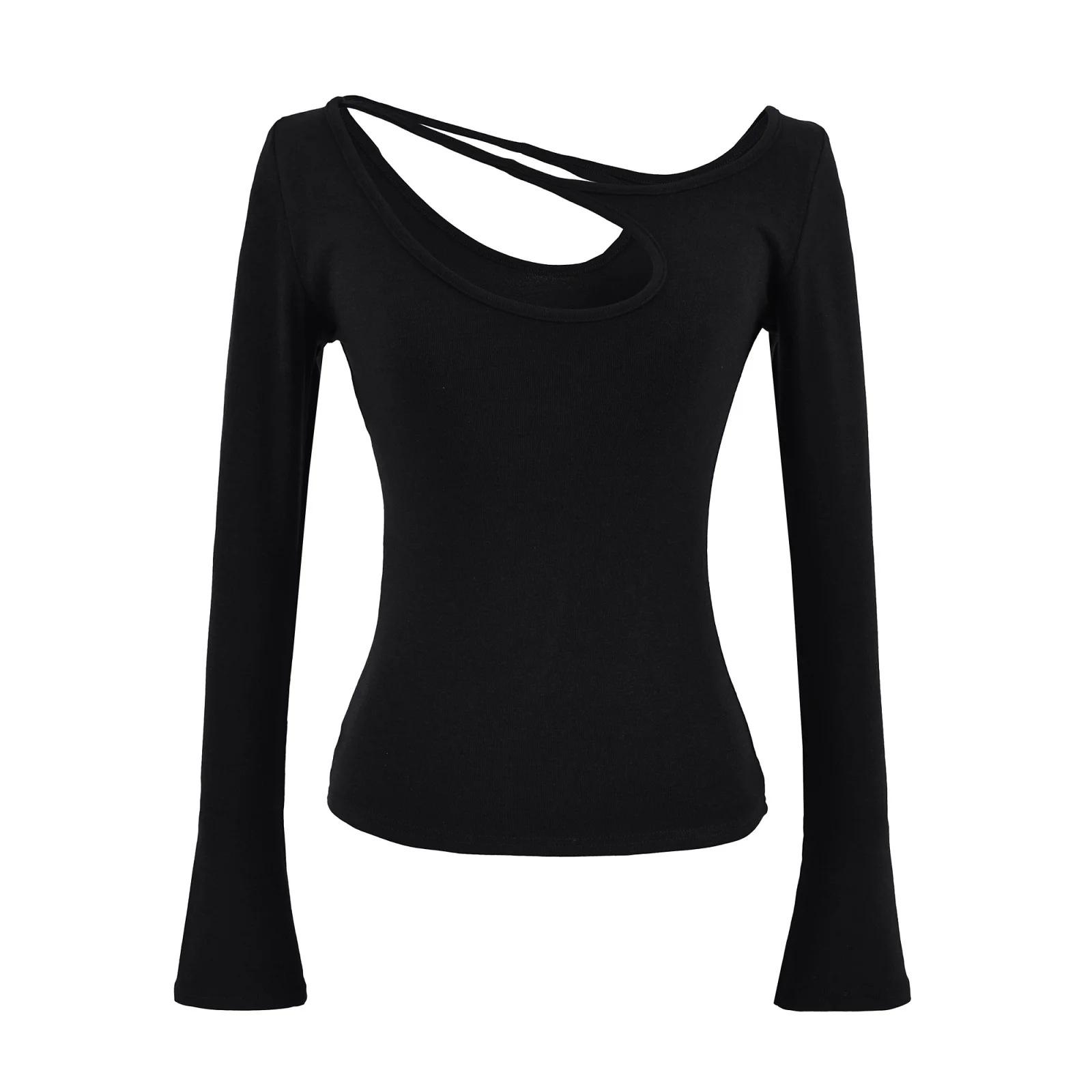 

Autumn 2025 Asymmetrical Off-shoulder Hollow Long Sleeve Top for Women Medium чёрный