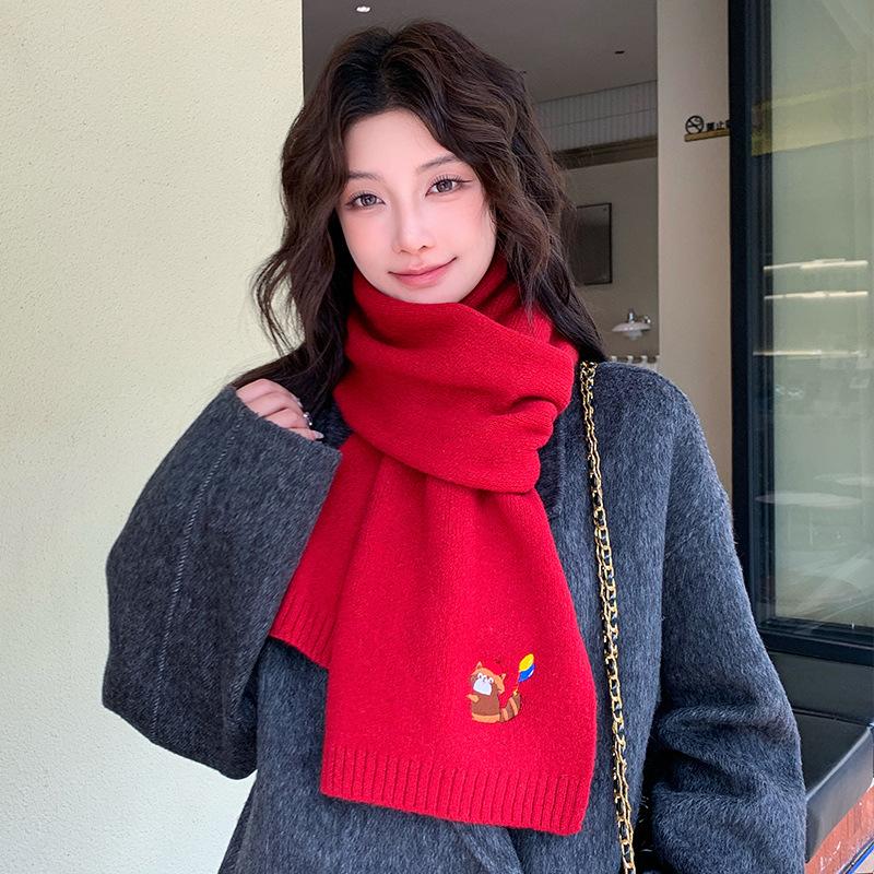 Cartoon embroidered knitted scarf women's autumn and winter new Korean solid color atmosphere cold and warm scarf