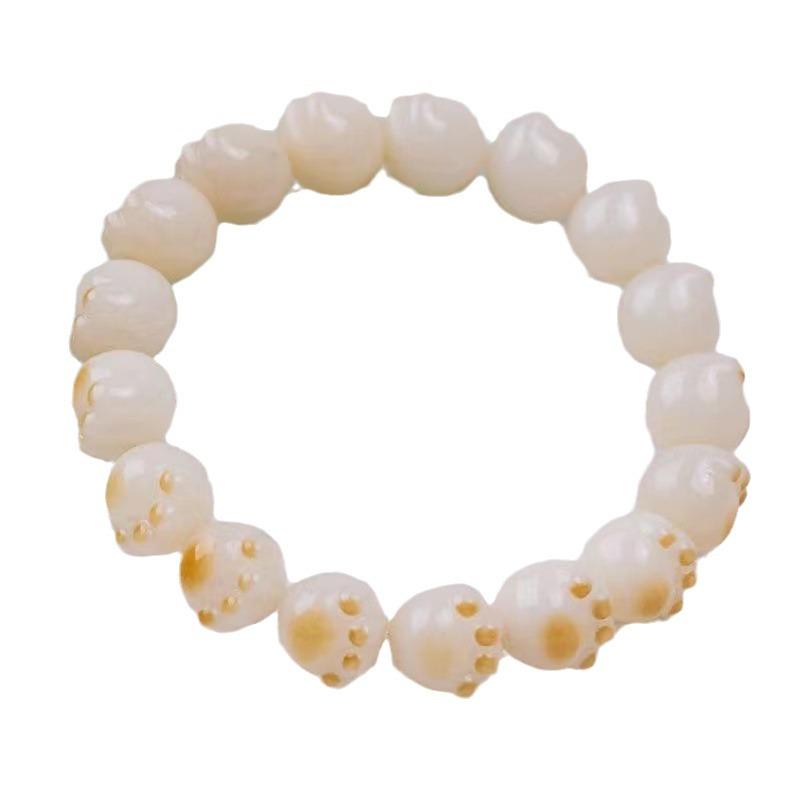 Women's Natural White Jade Charcoal-Grilled Bodhi Root Cat Paw Bracelet with Finger-Wrapped Prayer Beads