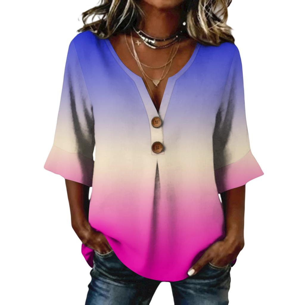 Ladies' gradient printed button casual V-neck fashionable seven quarter sleeve top