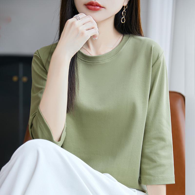 Women's Mercerized Cotton Solid Color Mid-Sleeve T-Shirt