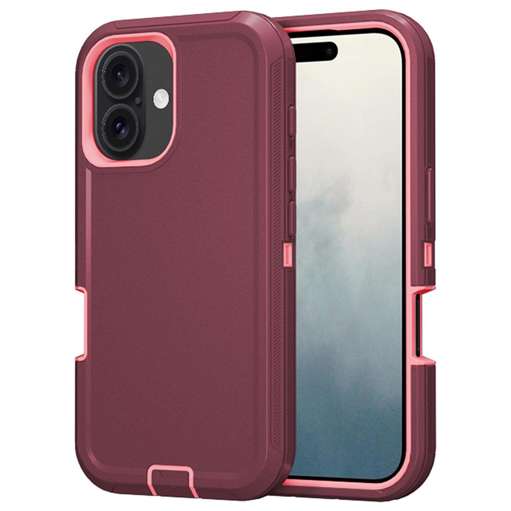 

For iPhone 16 Case Detachable PC+TPU Drop-Proof Back Cover Wine Red+Pink