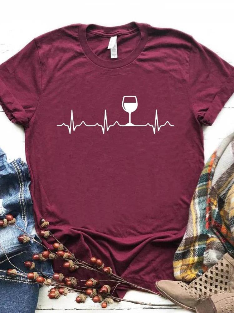 Wine Heartbeat Print T Shirt Women Short Sleeve O Neck Loose Tshirt Summer Women Causal Tee Shirt Tops Camisetas Mujer