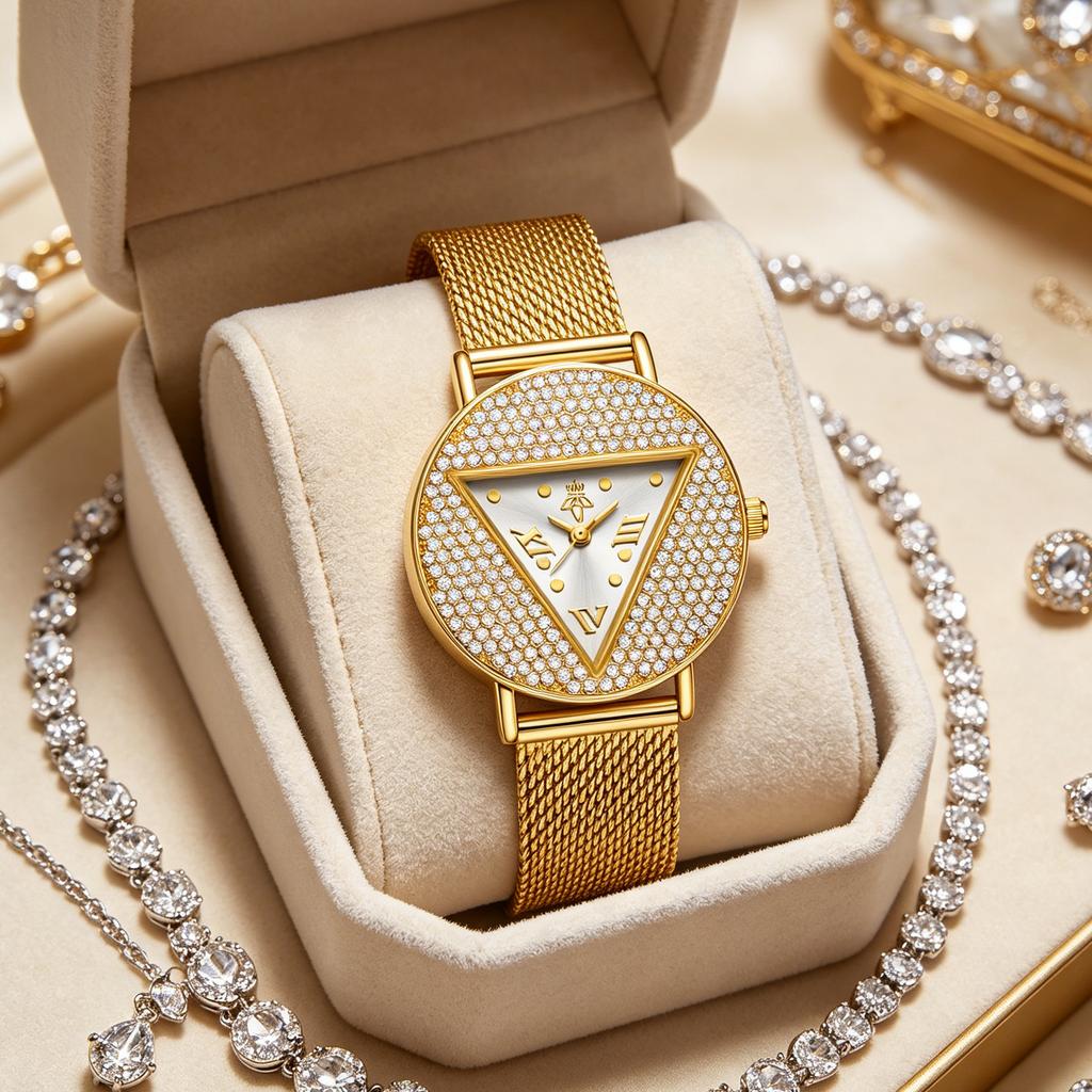 Women Luxury Crystal Triangle Dial Quartz Watch Gold Mesh Bracelet Elegant Ladies Wristwatch With Gift Box YaLaLuSi