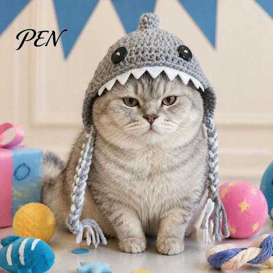 Pet Daily Fun Headband Funny Shark Cat Hat, Crocheted Hat with Braided Animal Shaped Dog Straps, Soft Cute Knitted for Cats Small Dogs Photography