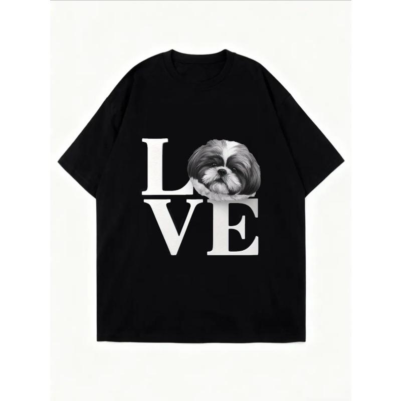 Oversized T Shirt White Love Shih Tzu Dog Print Casual Wear For Women