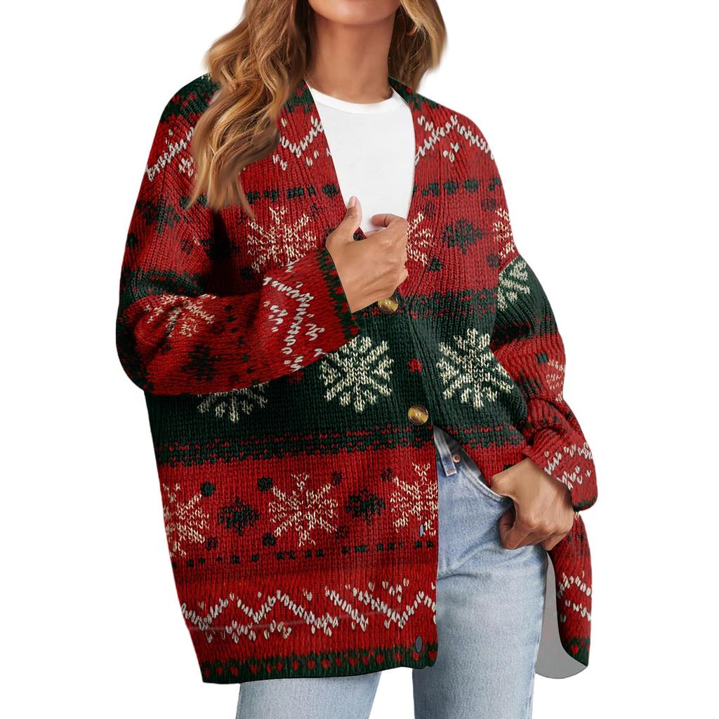 Women's Fashion Long Sleeve Christmas Print V-Neck Button Loose Cardigan Top