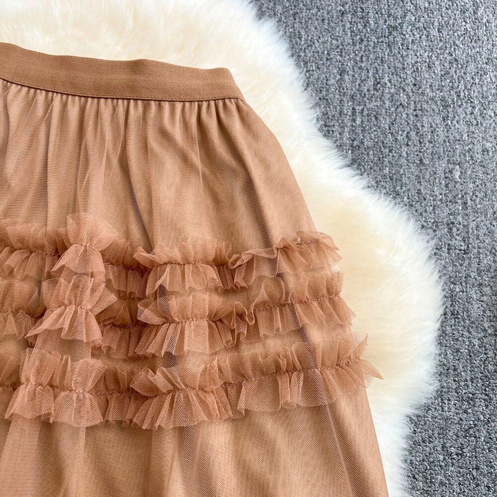 Summer High Waist Thin Multi-Layer Wooden Ear Side Puffy Cake Dress Elastic Waist Medium And Long Mesh A-Shaped Dress Female