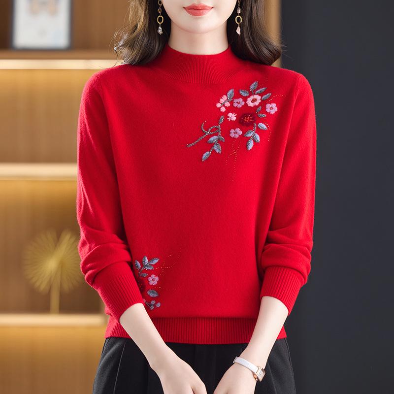 Autumn & Winter Women's 100% Pure Wool Sweater - Stylish Embroidered Half-High Neck for Middle-aged & Elderly