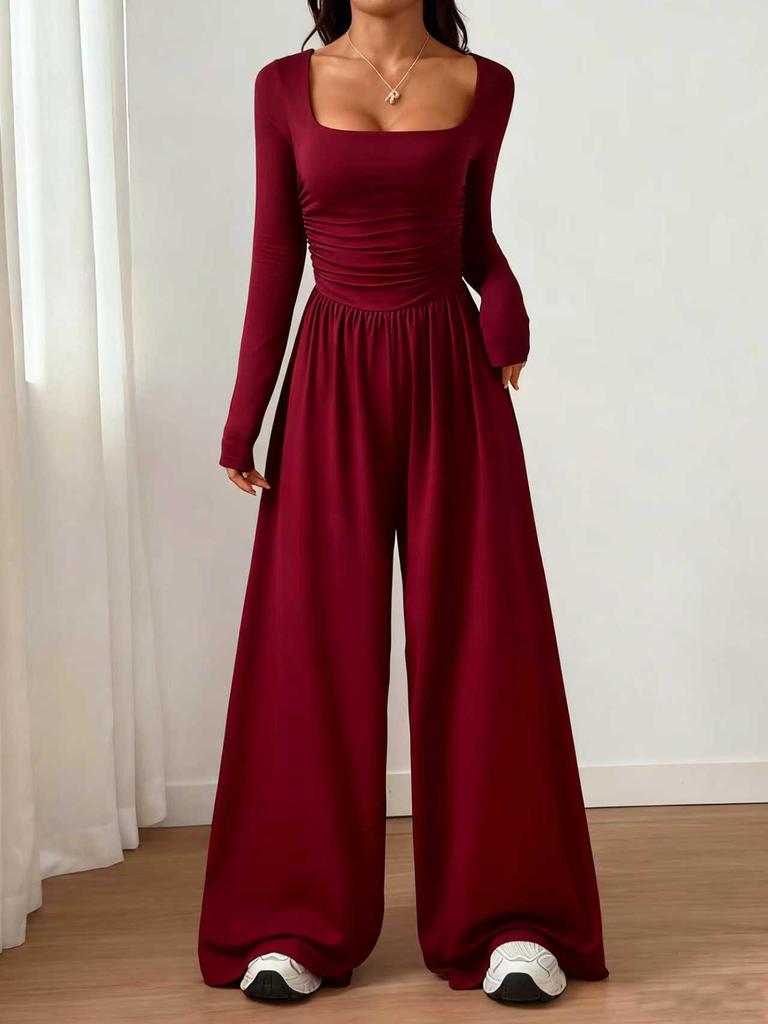 2026 Europäischer & Amerikanischer Stil Quadratischer Ausschnitt Jumpsuit - Langarm, Taillenbetonend, Weitbeinige Hose, Lässiger High Waist Jumpsuit für Damen