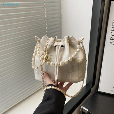 Elegant Pearl Chain Bucket Bag - Chinese Style Embroidered Drawstring Crossbody Purse for Women