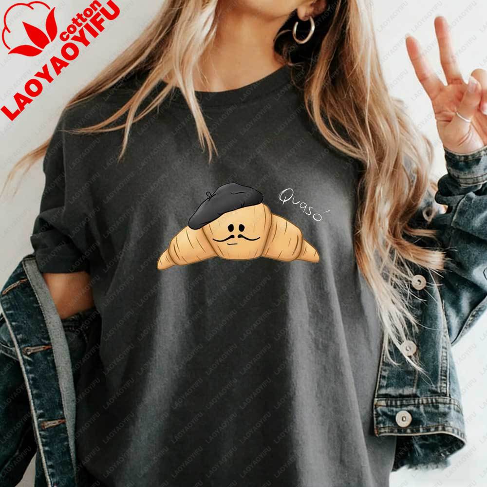 Funny French Croissant Qvaso Graphic TShirt Cute Cartoon Food Casual Cotton Short Sleeve Tshirt for Women Summer Aesthetic Tops