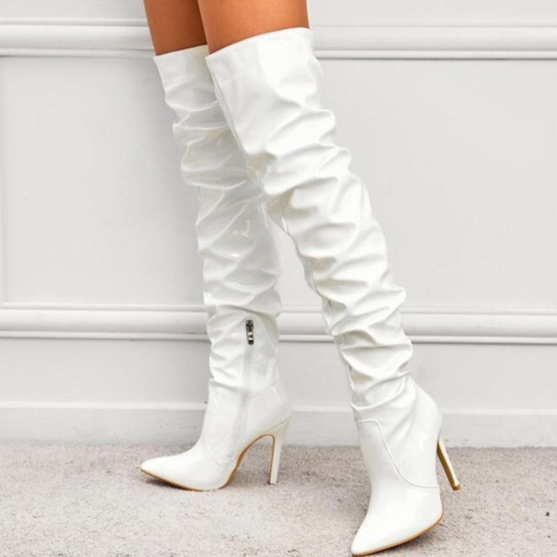 Fashion High Heeled Women's Boots Over-the-knee Boots High Quality Fashion Pointed Toe Side Zipper Shiny Elastic Pleated Stiletto Botas