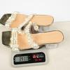 Transparent crystal high heels summer new pearl sandals thick heel square head wear one word large size slippers women