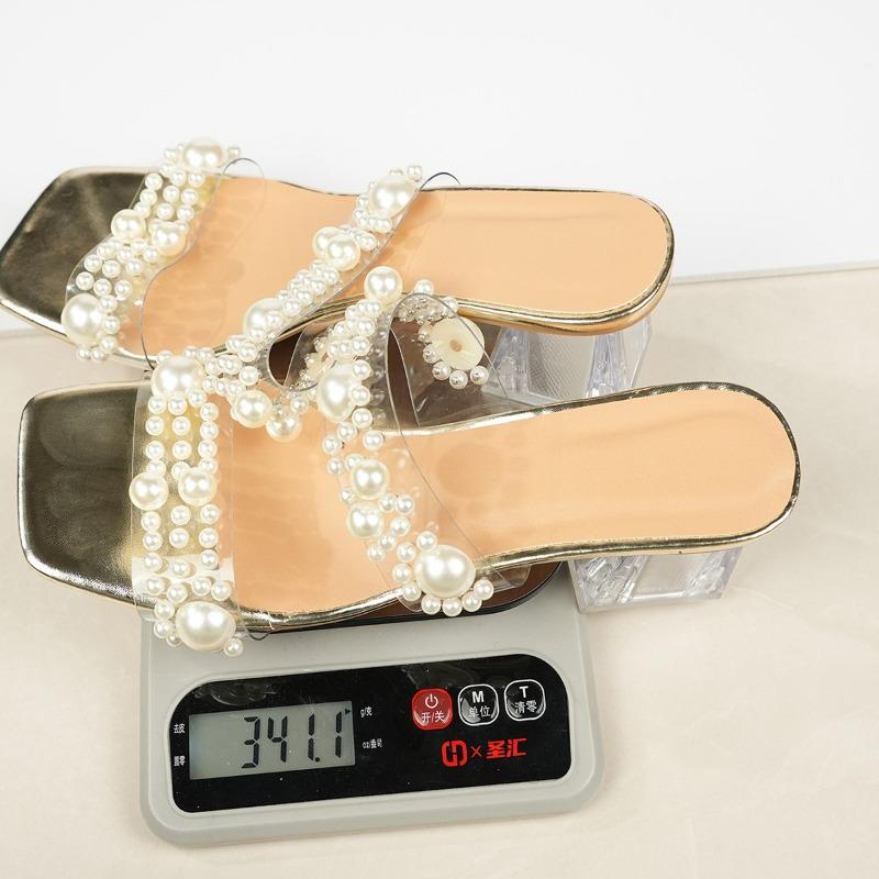 Transparent crystal high heels summer new pearl sandals thick heel square head wear one word large size slippers women