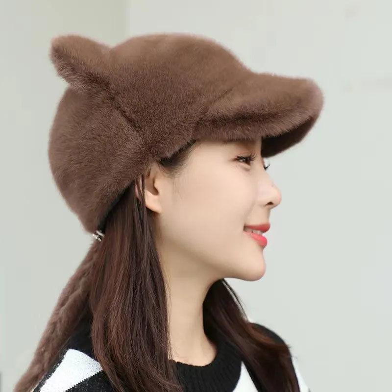 2023 Korean Style Waterproof Mink Bear Hat with Cat Ears - Warm Spring/Autumn Fashion for Women