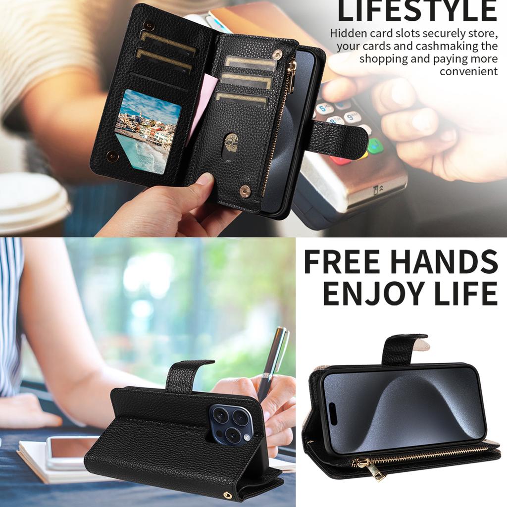 Artificial Leather Zipper Lychee Pattern Phone Case for Iphone16 15 14 Pro Max Plus 13 1211Pro Mini 7 8 XS Clamshell Wallet Case