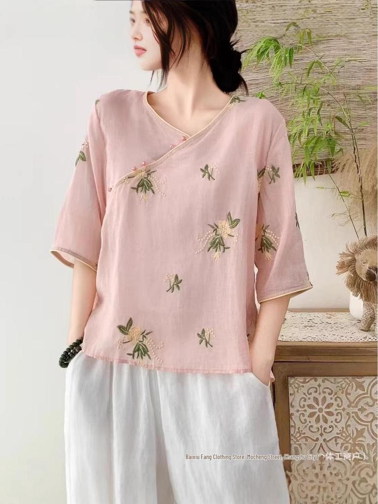 2026 Summer V-Neck Chinese Style Embroidered Ramie Shirt – Artistic Retro Women's Slanted Lapel Short Sleeve Top