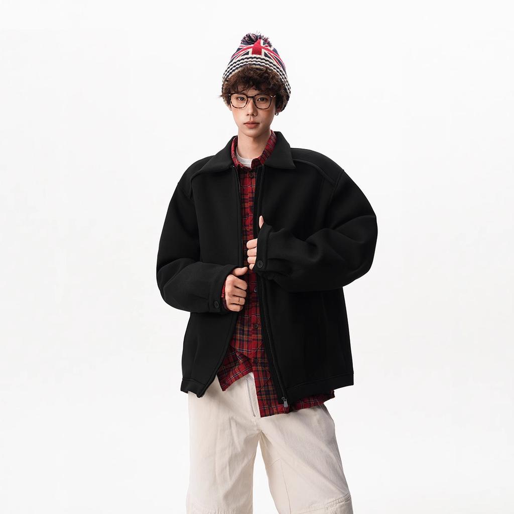 Simple Solid Color Lapel Sweatshirt for Men and Women Autumn Shoulder Pad Short Couple Cardigan Jacket