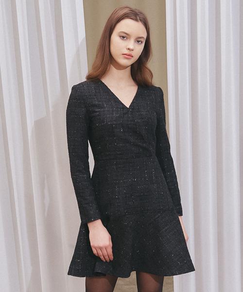 VEM.VER V-Neck Flare Tweed Dress_Black