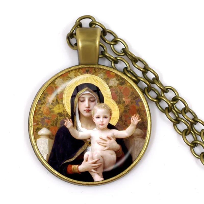 Virgin Mary and Baby Jesus Christian Catholicism Jewelry Necklace Blessed Mother Religious Art Glass Cabochon Dome Pendant Gift