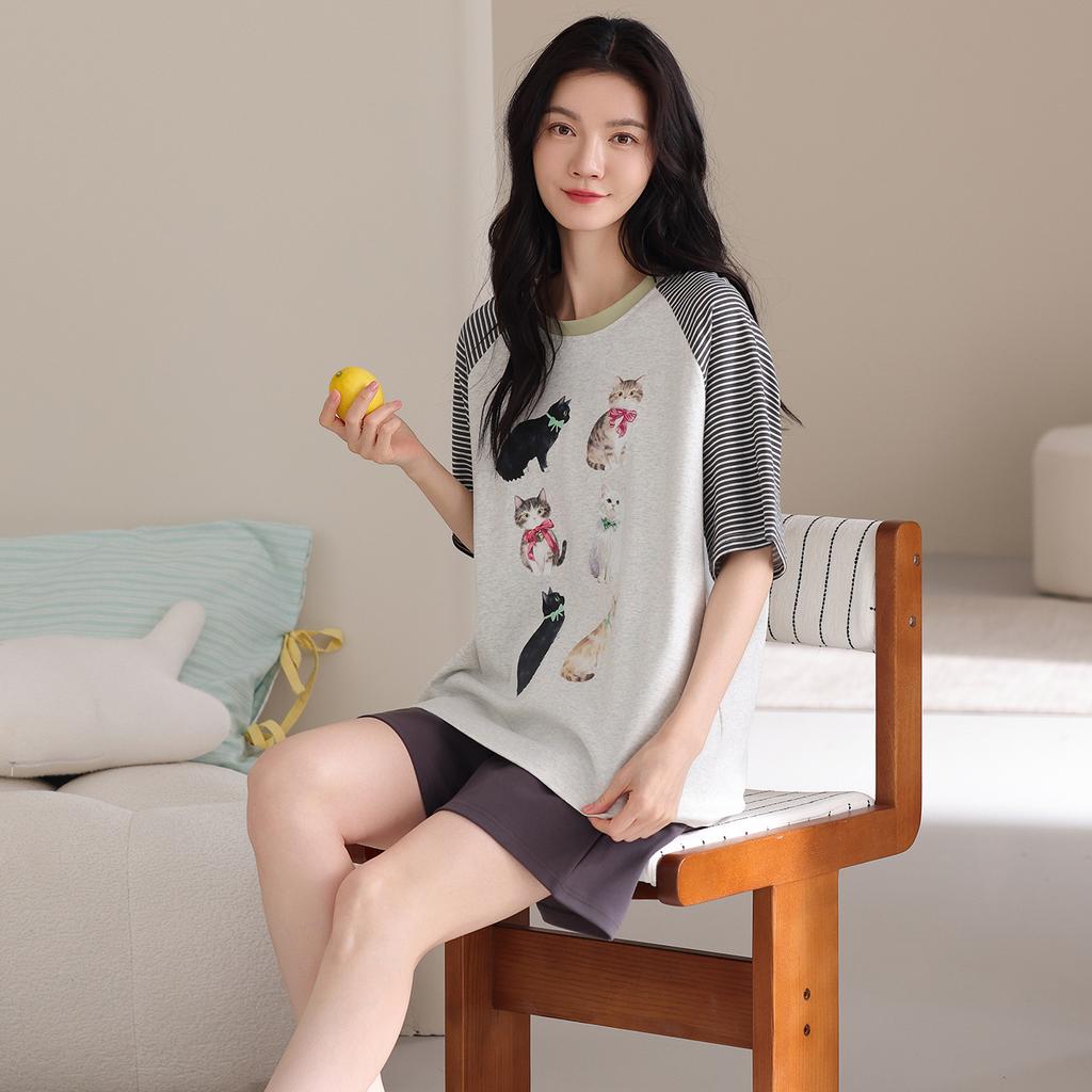Pure cotton pajamas women's summer thin short-sleeved shorts casual Korean version cartoon cotton half-sleeved loungewear