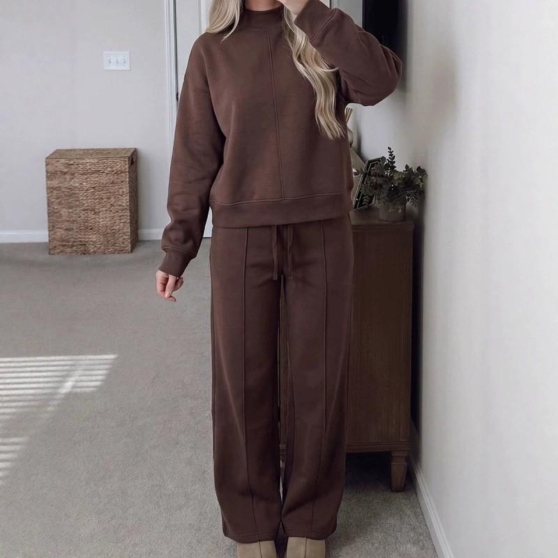 2026 Womens Solid Color Drawstring Casual 2-Piece Set Loose Long Sleeve Hoodie Straight Leg Pants