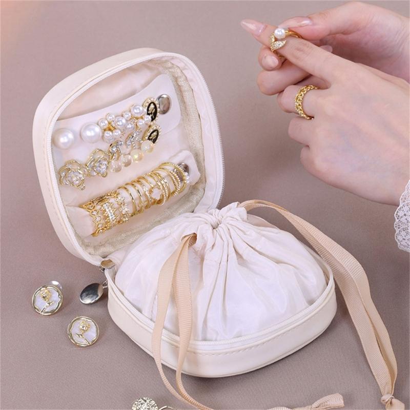 Leather Jewelry Storage Bag With Adjustable Drawstring Design Safely Holds Earrings Necklaces Rings Portable Organizers