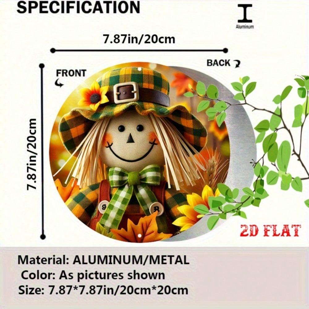 Scarecrow Metal Wall Art Rustic Farmhouse Autumn Decor with Sunflowers Plaid Hat Round Aluminum Sign Home Cafe Garage Thanksgiving Gift