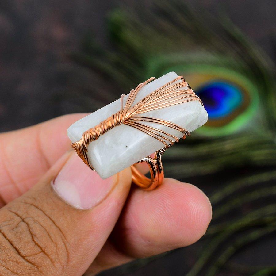 Natural Rainbow Moonstone Gemstone Copper Wire Wrap Gift Ring Size 6.5 F7N76