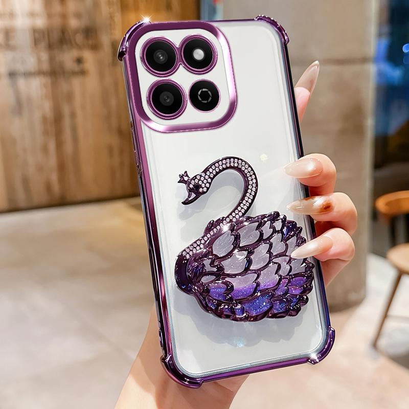 KEYSION Shockproof Plating TPU Phone Case for HONOR X7c Glitter Jewelled Swan kickstand Back Cover for Honor 200 Smart 5G