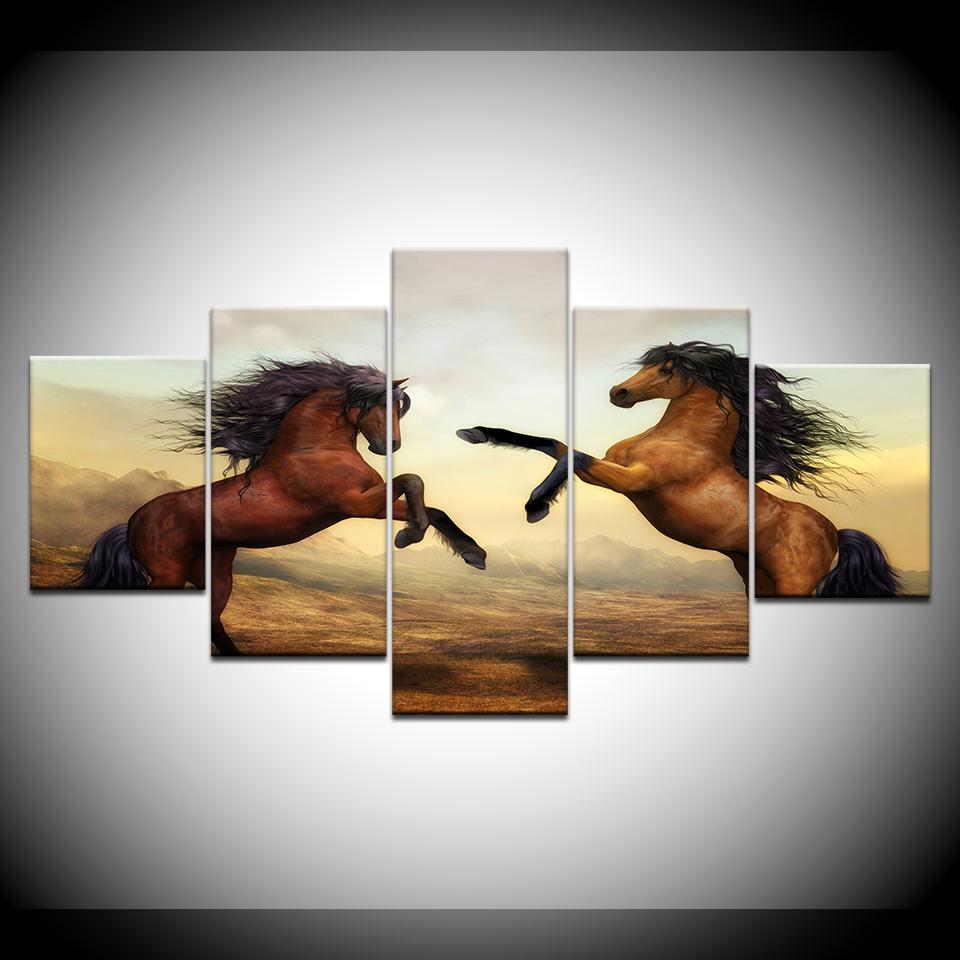 5 Panel/pieces HD Print Brown Running Horse animal wall posters Print On Canvas Art Painting For home living room decoration