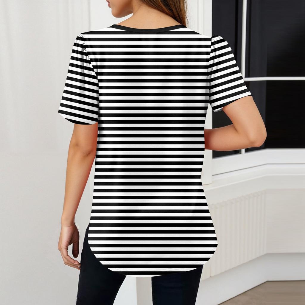 Women's Fashionable Casual Short Sleeve Print V-Neck Pullover Top