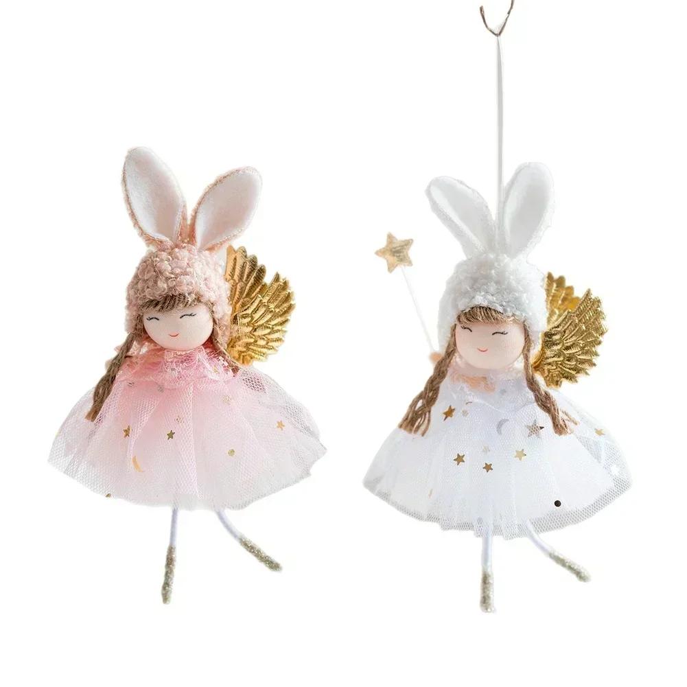 Adorable Bunny Ears Girl Christmas Ornament with Angel Wings Mystical Wand Lightweight Fabric Hanging Decoration