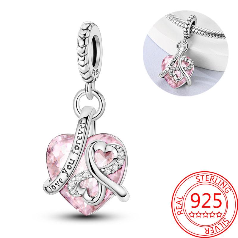 Breloque Pendentif Perles Cœur Rose Scintillant Cuivre Compatible Bracelet Original Pour Femmes Bijoux Cadeaux Saint-Valentin