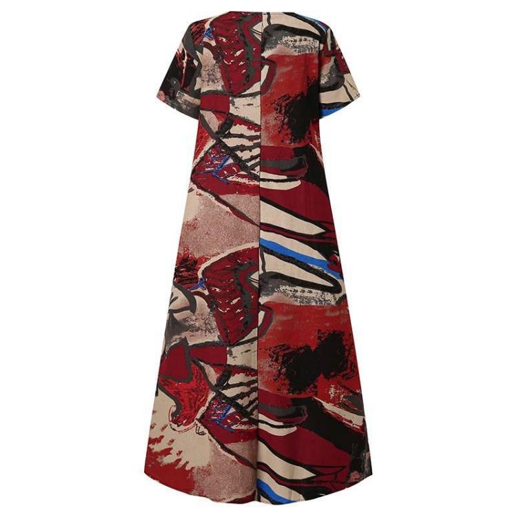 Bohemian Women Dress Long Loose Waist Print Pocket O Neck Spring Summer National Style Sizes S To 5XL